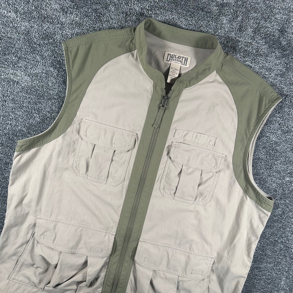 Duluth Trading Co Utility Vest Mens XL Tall Tan Olive Green Full Zip Fishing